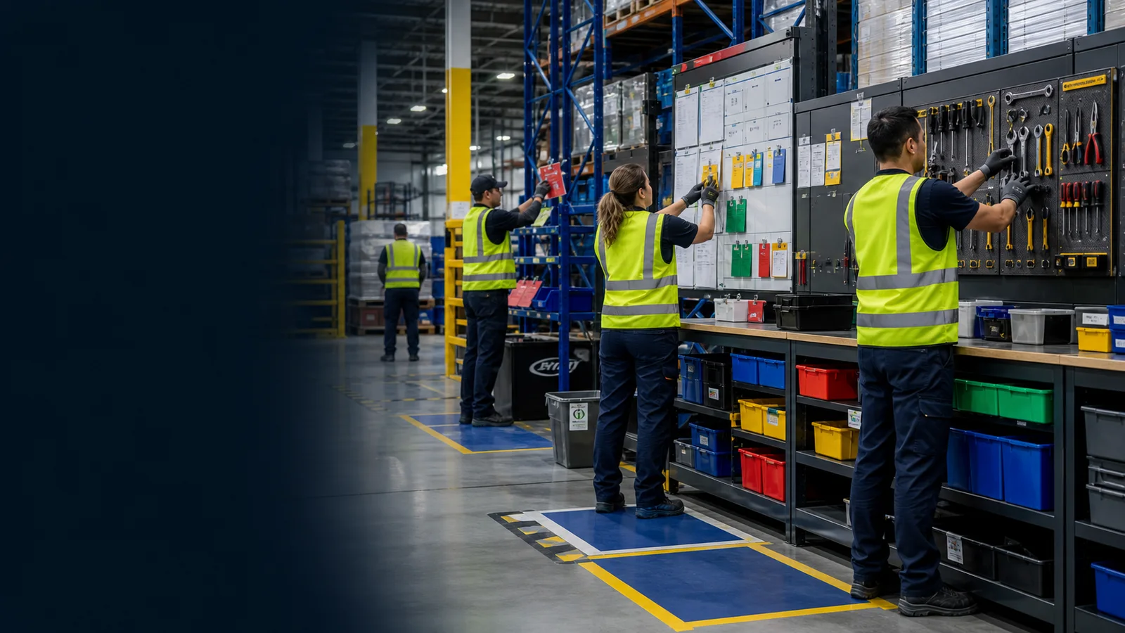 Organized warehouse 6S station with marked lanes, PPE, tools, and visual storage