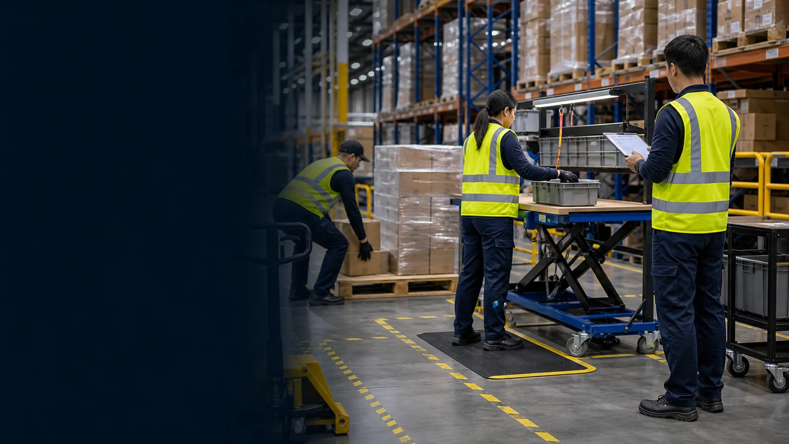Warehouse ergonomic Gemba audit with lift table and operator coaching