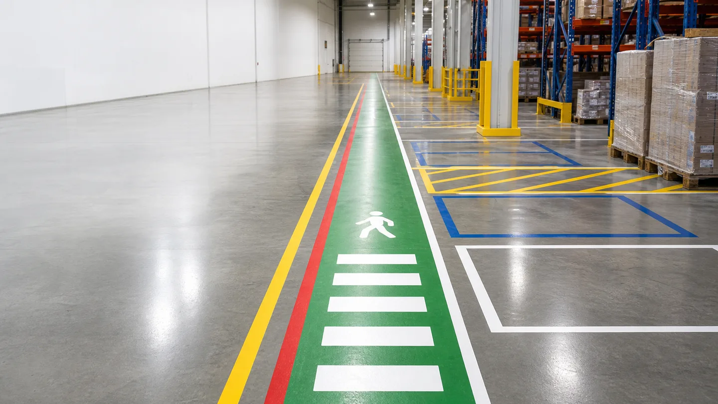 Warehouse floor markings with color-coded routes and staging areas