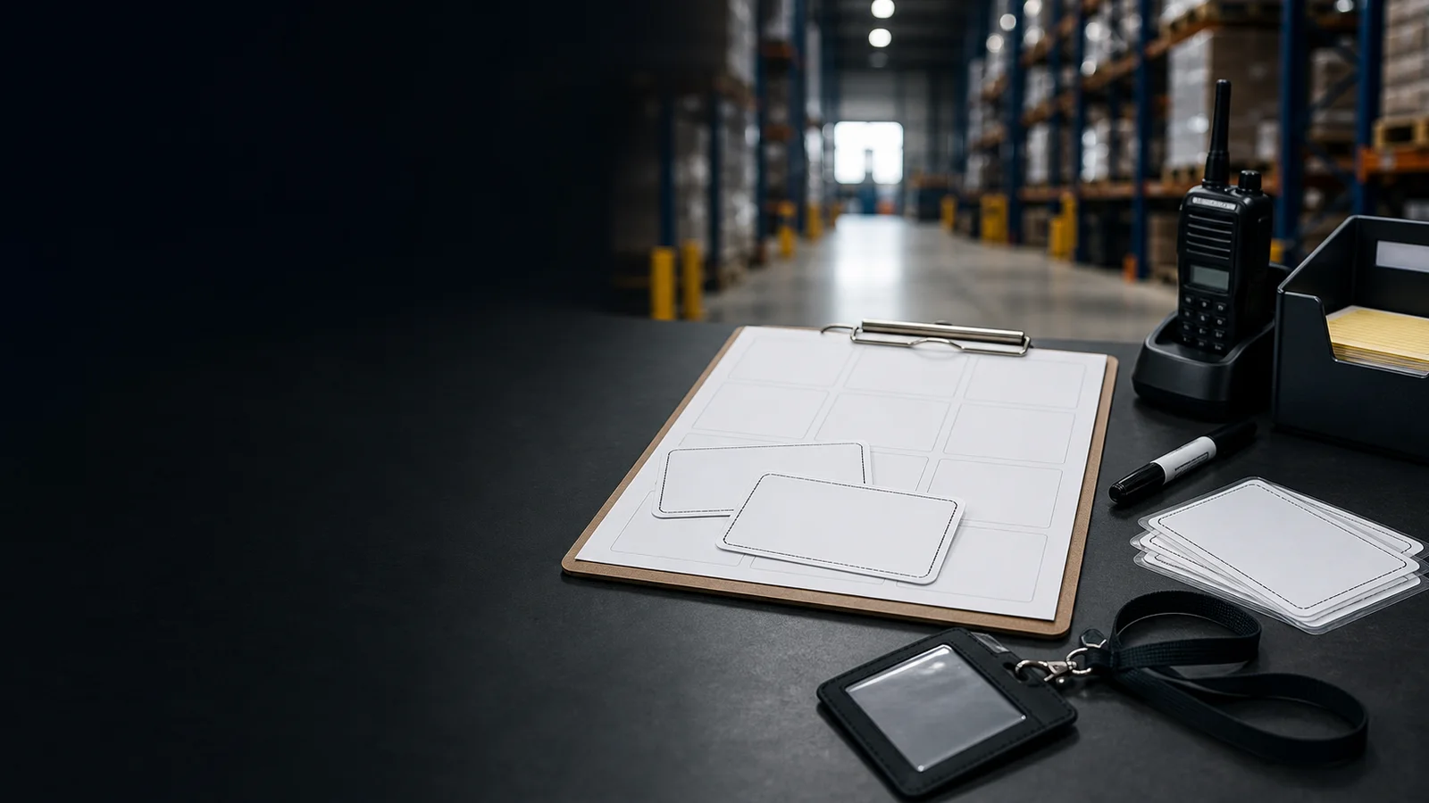 Blank printable workplace cards, clipboard, radio, and badge holder at a warehouse operations desk